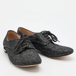 Miu Miu Black Glitter Crystal Embellished Heels Lace Up Derby Size 38