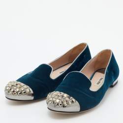 Pre Owned Miu Miu Blue Velvet Embellished Cap Toe Smoking Slippers Size 37