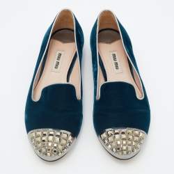 Pre Owned Miu Miu Blue Velvet Embellished Cap Toe Smoking Slippers Size 37