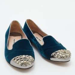 Pre Owned Miu Miu Blue Velvet Embellished Cap Toe Smoking Slippers Size 37
