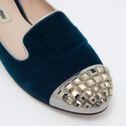 Pre Owned Miu Miu Blue Velvet Embellished Cap Toe Smoking Slippers Size 37