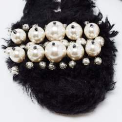 Miu Miu Black Faux Fur Pearl Embellished Slide Flats Size 38