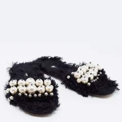 Miu Miu Black Faux Fur Pearl Embellished Slide Flats Size 38