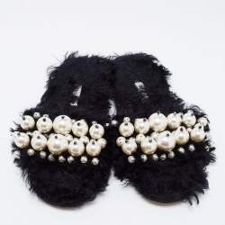 Miu Miu Black Faux Fur Pearl Embellished Slide Flats Size 38