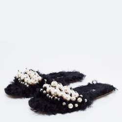 Miu Miu Black Faux Fur Pearl Embellished Slide Flats Size 38