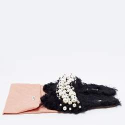 Miu Miu Black Faux Fur Pearl Embellished Slide Flats Size 38