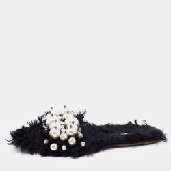 Miu Miu Black Faux Fur Pearl Embellished Slide Flats Size 38