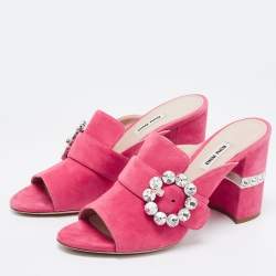 Miu Miu Pink Suede Crystals Embellished Slide Sandals Size 37