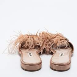 Pre Owned Miu Miu Pink Satin and Feather Crystal Embellished Flat Slides Size 37