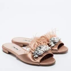 Pre Owned Miu Miu Pink Satin and Feather Crystal Embellished Flat Slides Size 37