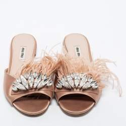 Pre Owned Miu Miu Pink Satin and Feather Crystal Embellished Flat Slides Size 37