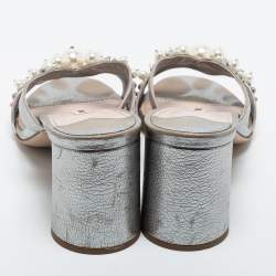 Miu Miu Silver Leather Crystal And Pearl Embellished Slide Sandals Size 40