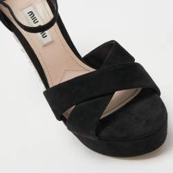 Miu Miu Black Suede Crystal Embellished Ankle Strap Sandals Size 37.5