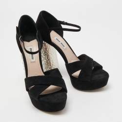 Miu Miu Black Suede Crystal Embellished Ankle Strap Sandals Size 37.5