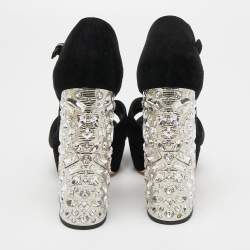 Miu Miu Black Suede Crystal Embellished Ankle Strap Sandals Size 37.5