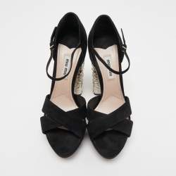 Miu Miu Black Suede Crystal Embellished Ankle Strap Sandals Size 37.5