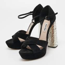 Miu Miu Black Suede Crystal Embellished Ankle Strap Sandals Size 37.5