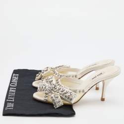 Pre Owned Miu Miu White Satin and PVC Crystal Embellished Slide Sandals Size 37