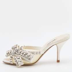 Pre Owned Miu Miu White Satin and PVC Crystal Embellished Slide Sandals Size 37