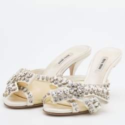 Pre Owned Miu Miu White Satin and PVC Crystal Embellished Slide Sandals Size 37
