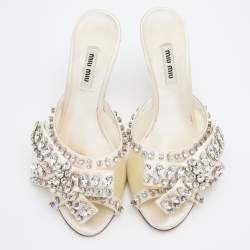 Pre Owned Miu Miu White Satin and PVC Crystal Embellished Slide Sandals Size 37