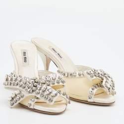 Pre Owned Miu Miu White Satin and PVC Crystal Embellished Slide Sandals Size 37