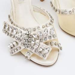 Pre Owned Miu Miu White Satin and PVC Crystal Embellished Slide Sandals Size 37