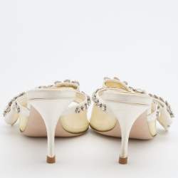 Pre Owned Miu Miu White Satin and PVC Crystal Embellished Slide Sandals Size 37