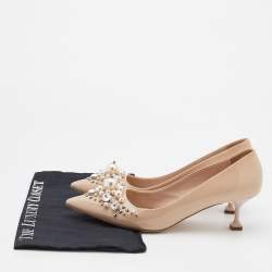 Miu Miu Beige Patent Leather Crystal and Pearl Embellished Pumps Size 39