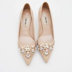 Miu Miu Beige Patent Leather Crystal and Pearl Embellished Pumps Size 39