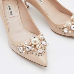Miu Miu Beige Patent Leather Crystal and Pearl Embellished Pumps Size 39