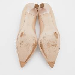 Miu Miu Beige Patent Leather Crystal and Pearl Embellished Pumps Size 39