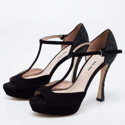 Pre Owned Miu Miu Black Suede and Coarse Glitter Open Toe Platform T-Strap Sandals Size 38.5
