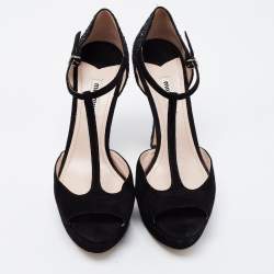 Pre Owned Miu Miu Black Suede and Coarse Glitter Open Toe Platform T-Strap Sandals Size 38.5