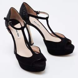 Pre Owned Miu Miu Black Suede and Coarse Glitter Open Toe Platform T-Strap Sandals Size 38.5