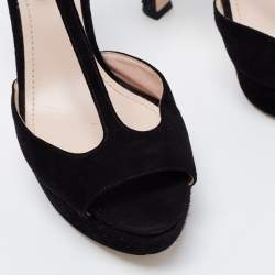 Pre Owned Miu Miu Black Suede and Coarse Glitter Open Toe Platform T-Strap Sandals Size 38.5