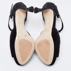 Pre Owned Miu Miu Black Suede and Coarse Glitter Open Toe Platform T-Strap Sandals Size 38.5