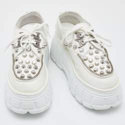 مملوكة مسبقًا Miu Miu White Leather Embellished Platform Derby Sneakers Size 38.5