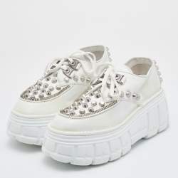 مملوكة مسبقًا Miu Miu White Leather Embellished Platform Derby Sneakers Size 38.5