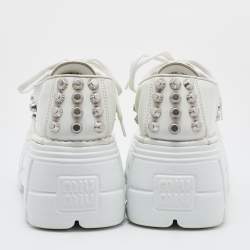 مملوكة مسبقًا Miu Miu White Leather Embellished Platform Derby Sneakers Size 38.5
