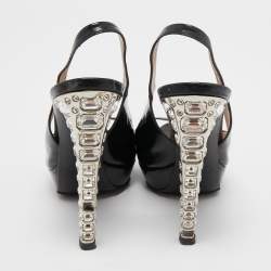 Miu Miu Black Leather Crystal Embellished Slingback Sandals Size 37