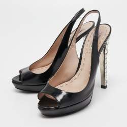 Miu Miu Black Leather Crystal Embellished Slingback Sandals Size 37