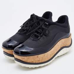 Pre Owned Miu Miu Black Fabric and Patent Leather Astro Cork Platform Sneakers Size 38