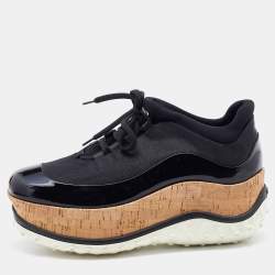 Pre Owned Miu Miu Black Fabric and Patent Leather Astro Cork Platform Sneakers Size 38