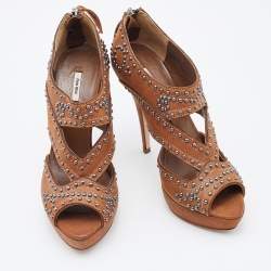 Miu Miu Brown Leather Studded Platform Sandals Size 37
