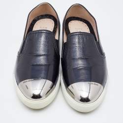 Pre Owned Miu Miu Black Patent Leather Metal Cap Toe Slip On Sneakers Size 37.5