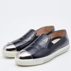 Pre Owned Miu Miu Black Patent Leather Metal Cap Toe Slip On Sneakers Size 37.5