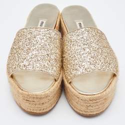 Miu Miu Gold Glitter Platform Espadrille Slides Size 37