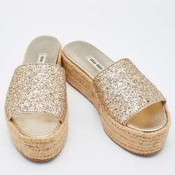 Miu Miu Gold Glitter Platform Espadrille Slides Size 37