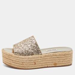 Miu Miu Gold Glitter Platform Espadrille Slides Size 37